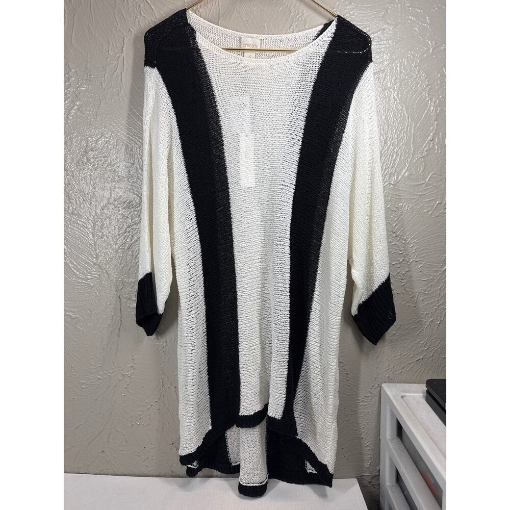 Chico's Vertical‎ Stitch Vanessa Pullover 3/4 Sleeve Black White Sweater 3 XL/16